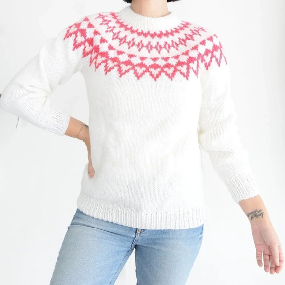 Vintage Handmade Cream Knit Cowichan Fair Isle Icelandic Fisherman Sweater S - Picture 3 of 12